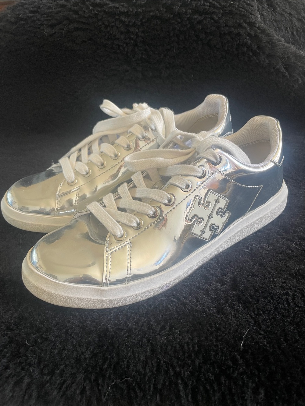 Tory Burch Double T Howell Court sneakers in metallic silver
